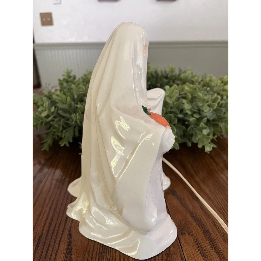 Vintage 1972 Byron Mold Halloween Light Up Ceramic Ghost With Pumpkin